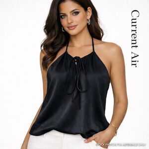 Current Air Black Satin Halter Tie Back Blouse Top Medium Minimalist NWT